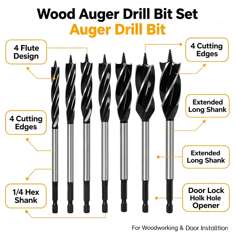 Long 4 Flute 4 Cutting Edges Auger Bit 1/4 Hex Shank Woodworking Hole Opener for Wooden Panel Cabinet Lock Installation Deep Dri