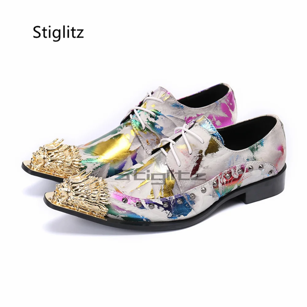 Men's Prints Rivets Leather Shoes Metal Pointed Toe British Style Lace Up Business Casual Office Shoes Wear-Resistant Shoes