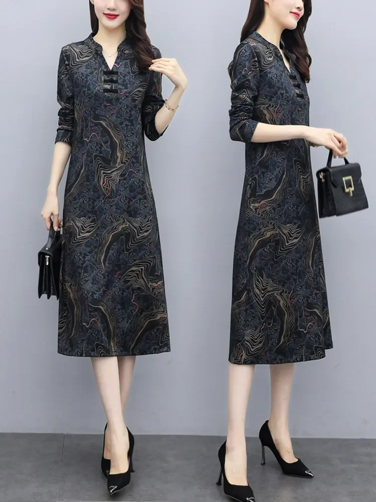 Spring And Autumn New Improved Cheongsam Mom Dress Temperament Slimming Wide Lady Bottoming  Skirt Belly-Covering And Youthful