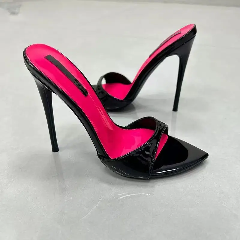 Size 35-46 Patchwork Stiletto Heel Slippers Newest Pointed Open Toe One Strap Thin Heel Slip-on Sandals Sexy Dress Mules