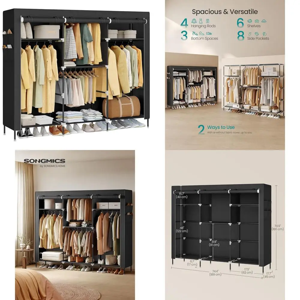 

Тканевый шкаф большой вместимости с 4 штангами для одежды, полками и карманами, 74,4 x 17,7 x 70,9, черный