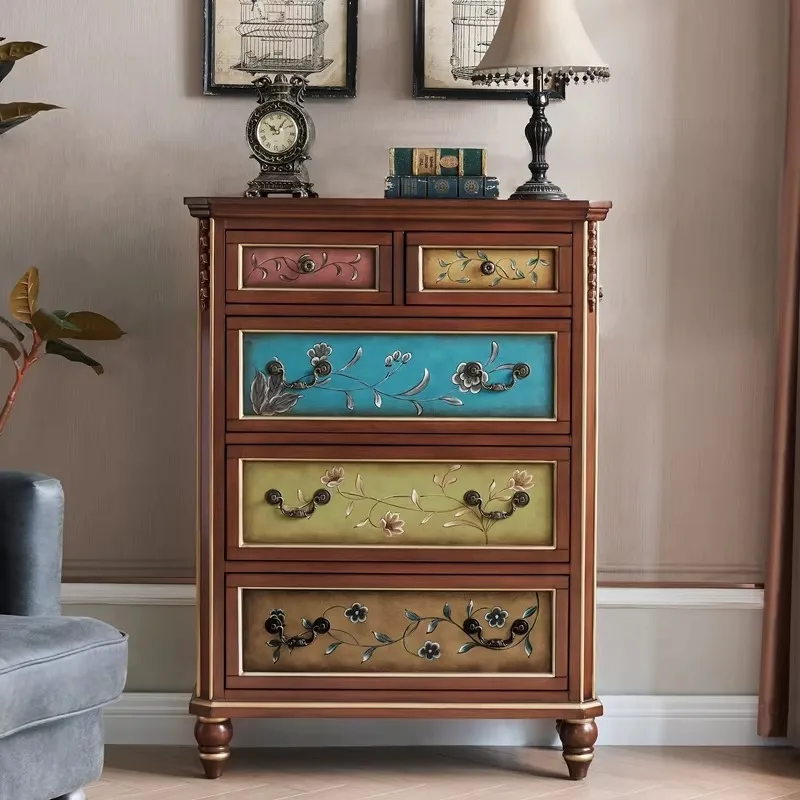 European-Style Retro Solid Wood High Cabinet American-Style Chest Drawers Home Furniture Side Entrance Living Room Decor