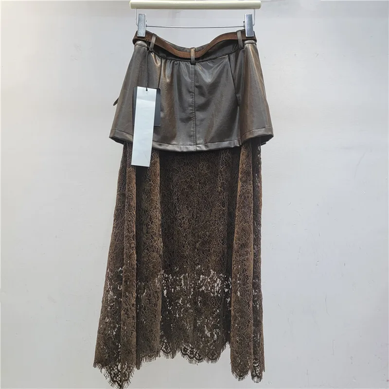 HKSH 2026 Primavera Estate Nuove Donne Gonna di Cuoio DELL'UNITÀ di elaborazione Patchwork di Pizzo Versatile Elegante High-end Retro Moda Casual Gonne HK17174