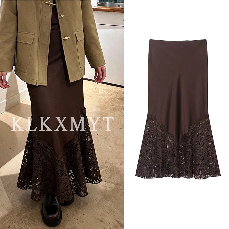 Femmes jupes portefeuille 2025 femmes automne mode couleur unie Satin dentelle épissure taille haute jupes longues femmes élégantes jupes de fête