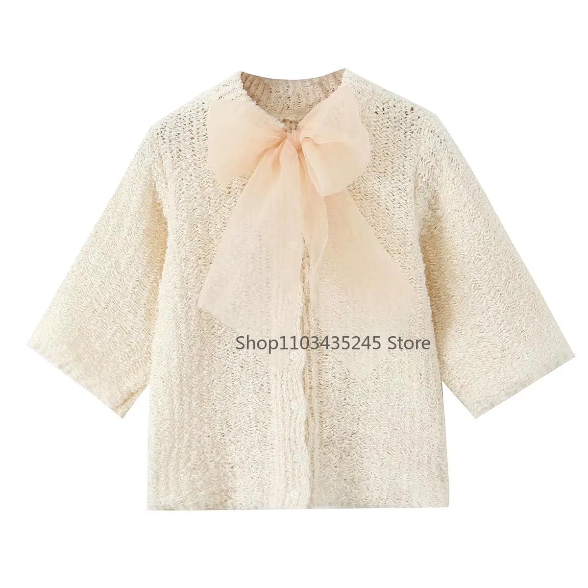 2025 Women's Sweater Cardigan Crop Knit Bow Cardigan Spring Short Sleeve Knitwear New in Outerwears Elegant Casual Sweaters 5754