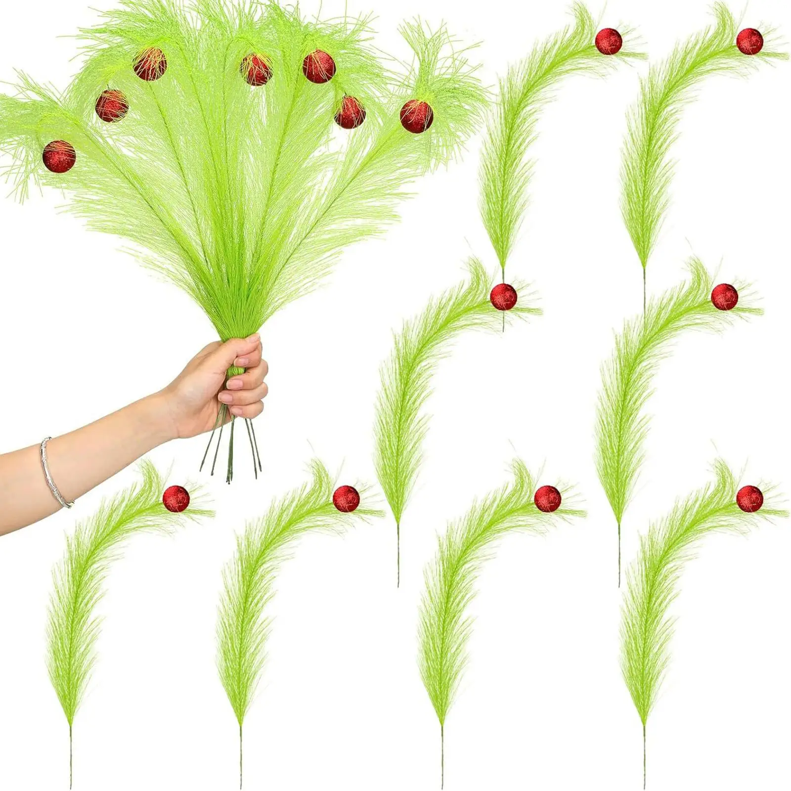 8Pcs Christmas Artificial Pampas Grass Ornament Artificial Christmas Tree Picks for Party Home Holiday Christmas Tree Home Decor