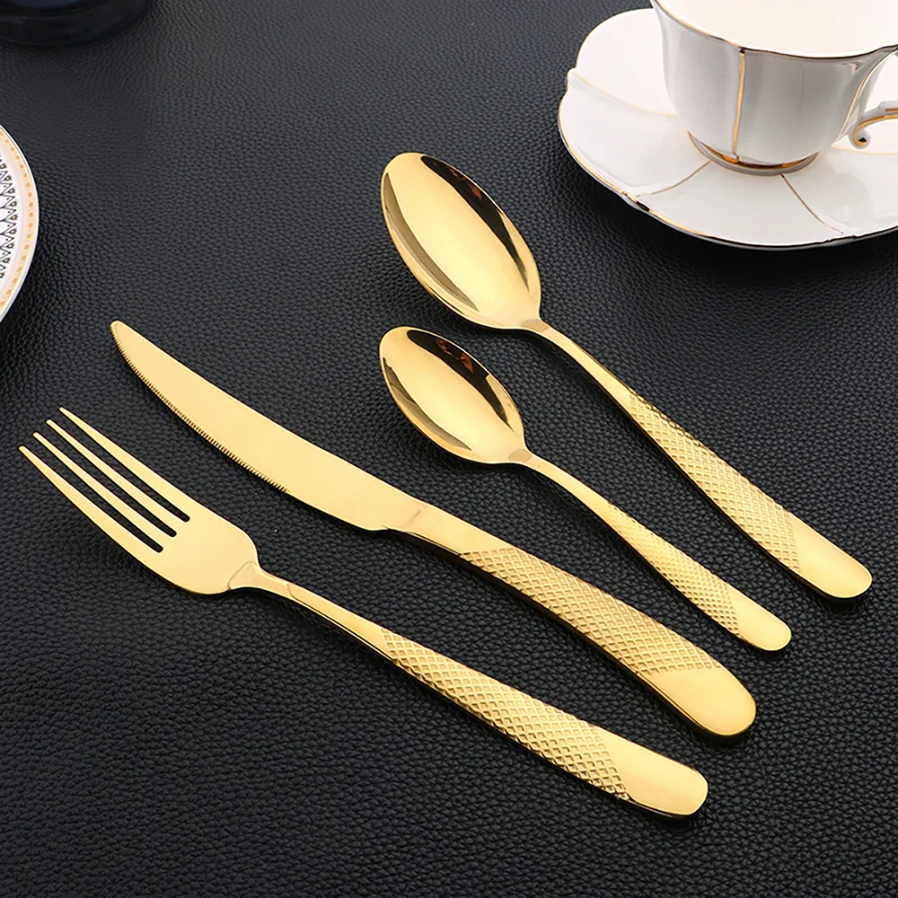 16PCS Upscale Gold Dinnerware Set Stainless Steel Tableware Knife Fork Coffee Spoon Flatware Dishwasher Safe Dinner Cutlery