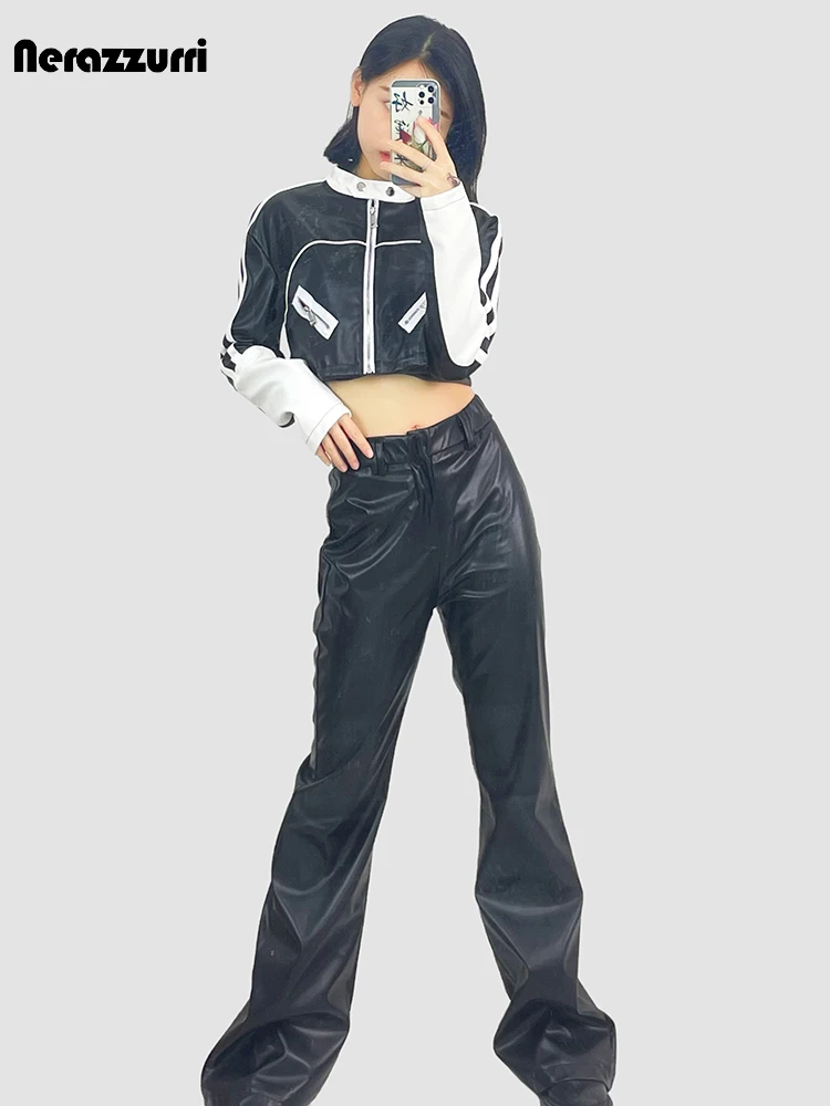 Nerazzurri Spring Short White and Black Color Block Pu Leather Racer Jacket Women Stand Collar Long Sleeve Luxury Cropped Top