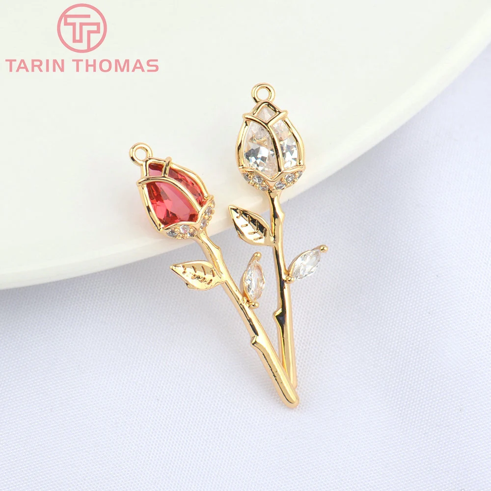 (4819) 4PCS 9x29MM 24K Gold Color Brass with Zircon Rose Charms Pendants High Quality DIY Jewelry Making Findings Wholesale