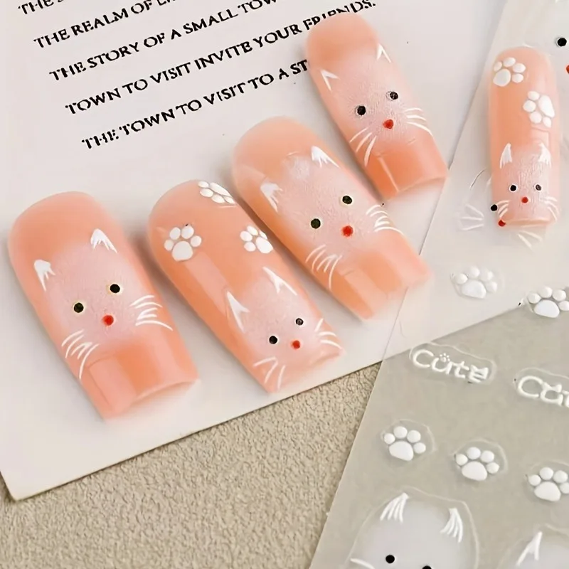 2 piezas de calcomanías de uñas de gato blanco lindo, fáciles de aplicar para decoración de uñas, DIY, regalos, fiestas y maquillaje de bodas 4