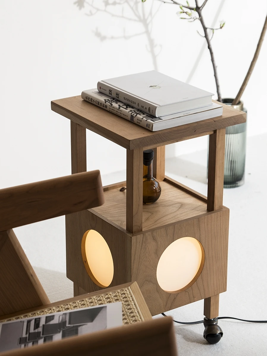 Lights: small side table, movable night light, corner, a few wabi-sabi spaces, square black cherry wood