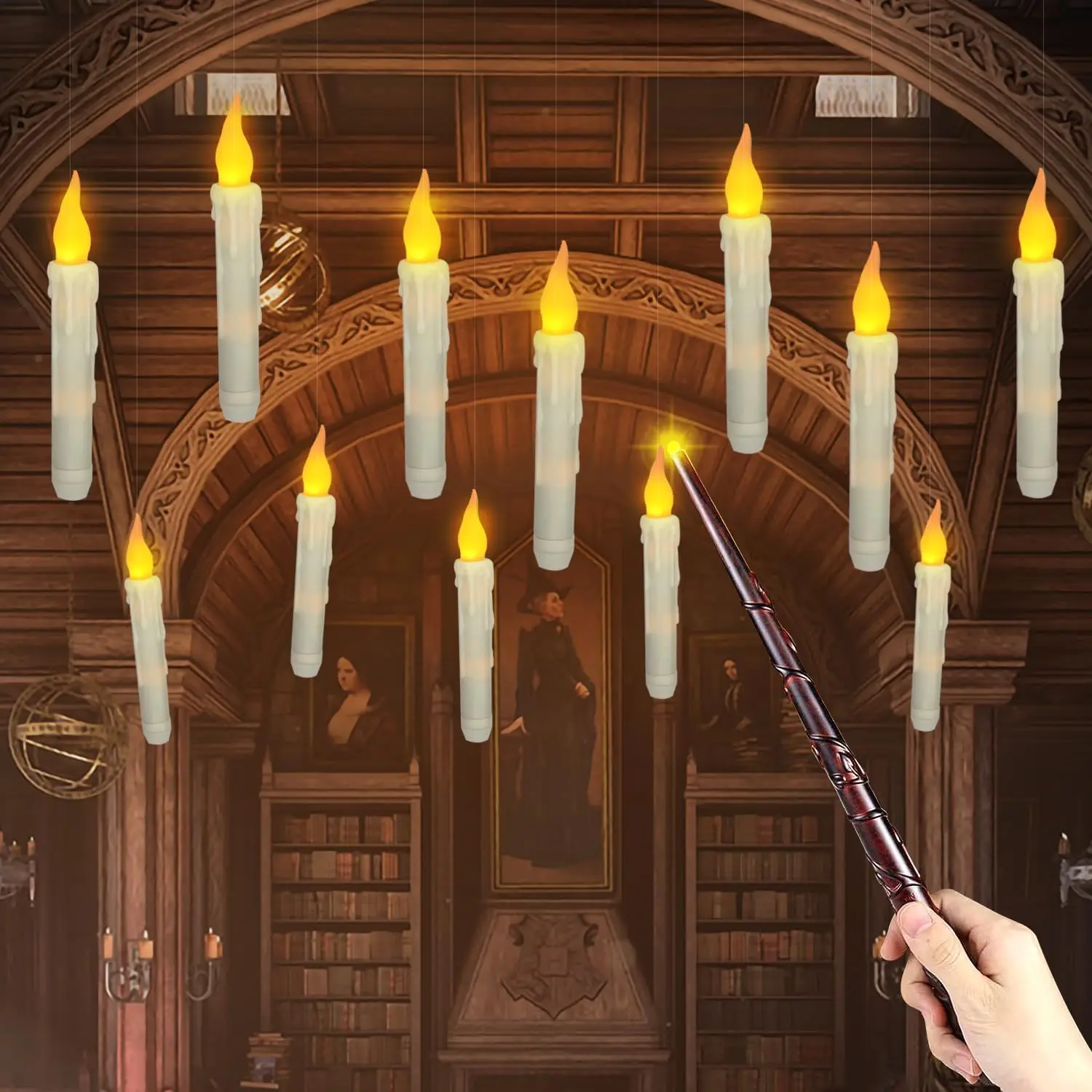 Battery Operated Flameless Hanging Taper Candle Floating Candles w/Magic Wand Remote Flickering LED Stick candle f/Xmas Wedding