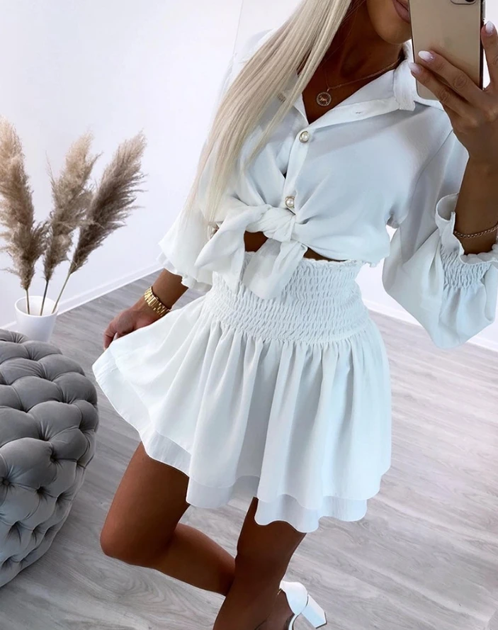 Casual Two Pieces Set for Women 2024 Summer Long Sleeve Knotted Shirred Button Shirt Crop Top&Layered Mini Skirt Set Solid Color