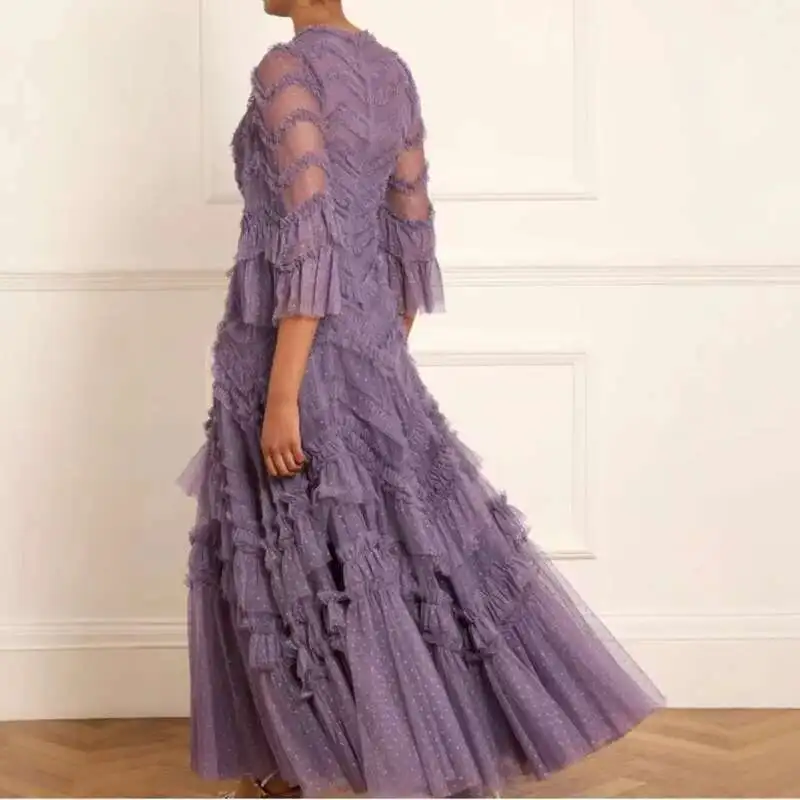 QMQA Fashion Women's Elegant Banquet Dresses Round Neck Mesh Fungal Edge Short Sleeve Polka Dot Party Dress 2025 New 1A788