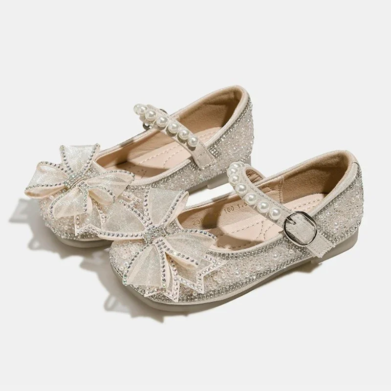 

Children's Crystal Leather Shoes Spring 2025 New Fashion Bow Pearl Girls' Princess Shoes Soft Bottom Comfortable Baby Flat Shoes