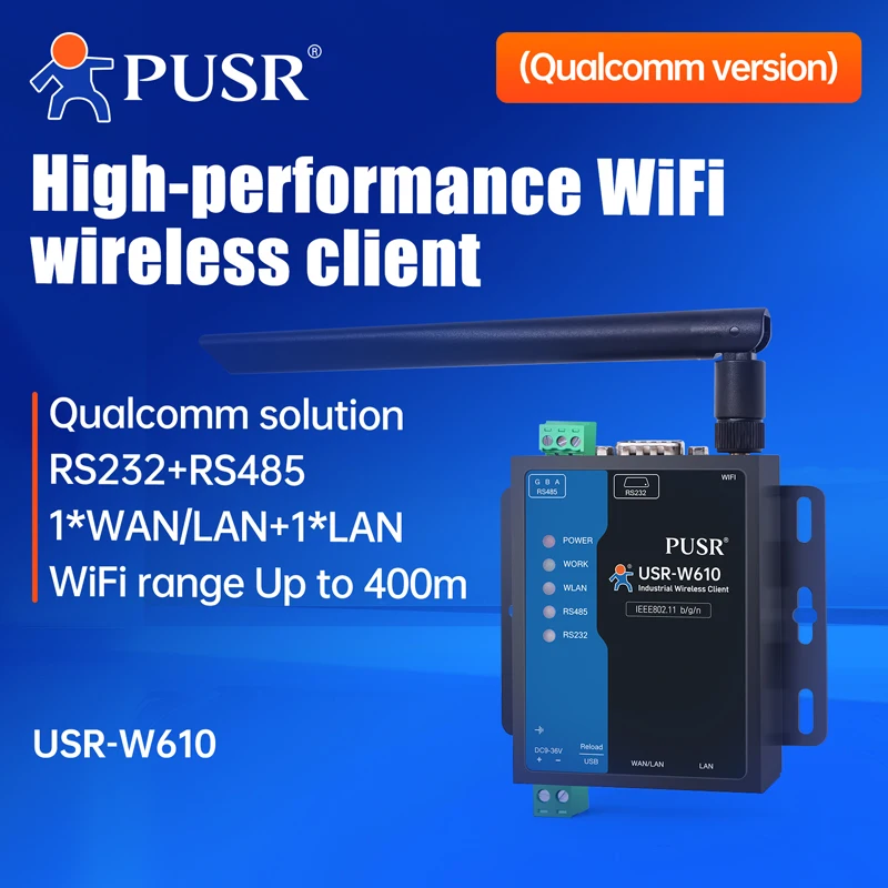 PUSR Serial RS485 RS232 to WiFi Server Converter Industrial Wireless Client Modbus Gateway MQTT Protocol W610 (Qualcomm Version)