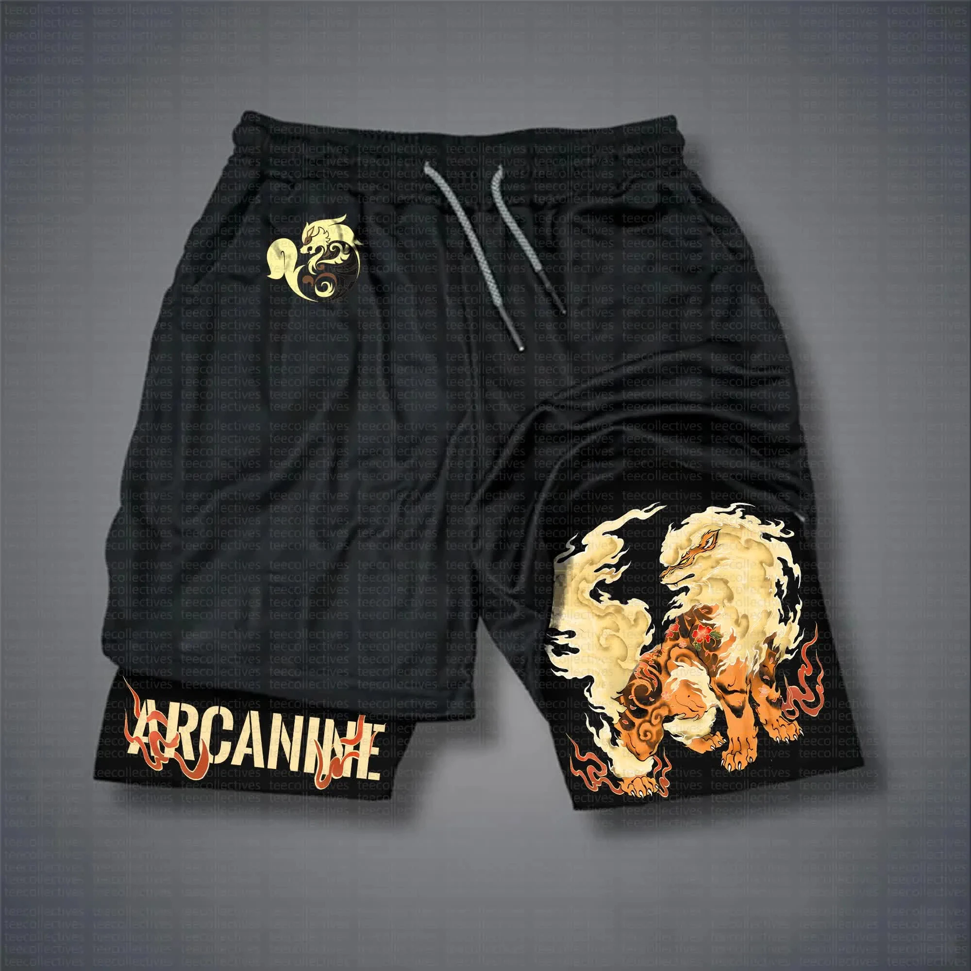 pokemon-arcanine-shorts-masculino-algodao-calcas-esportivas-2025-verao-grafico-bottoms-base-preta-perna-esquerda-dragao-dourado-nuvem-padrao-direito