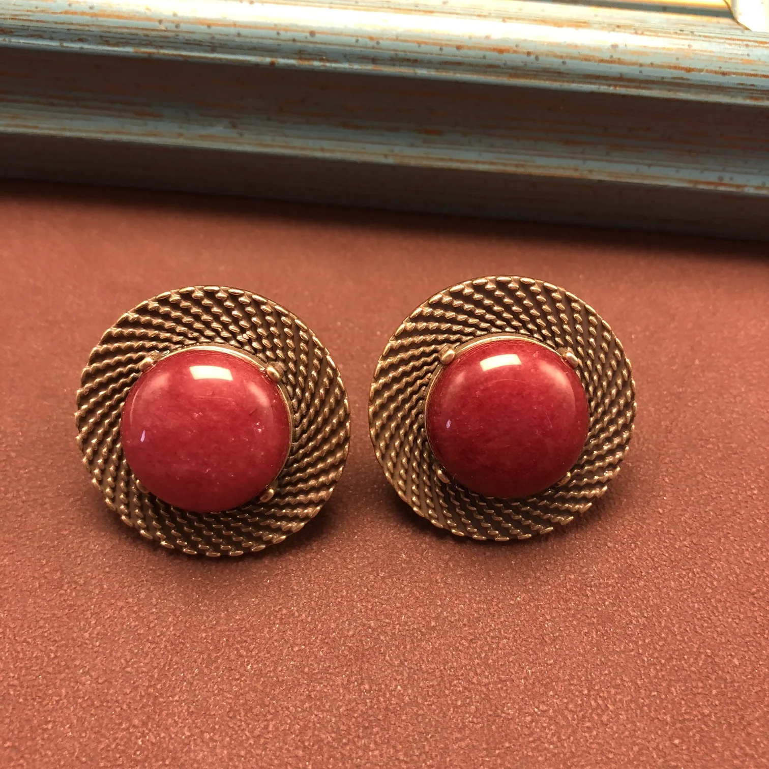 versatile simple round earrings inlaid with red stone beads stud earrings, earrings, jewelry