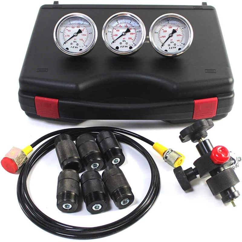 

Hydraulic Nitrogen Accumulator Charging System Pressure Gauge Diagnostic Tool with 3 Gauges, 7 Couplings and 1 Gas Hose