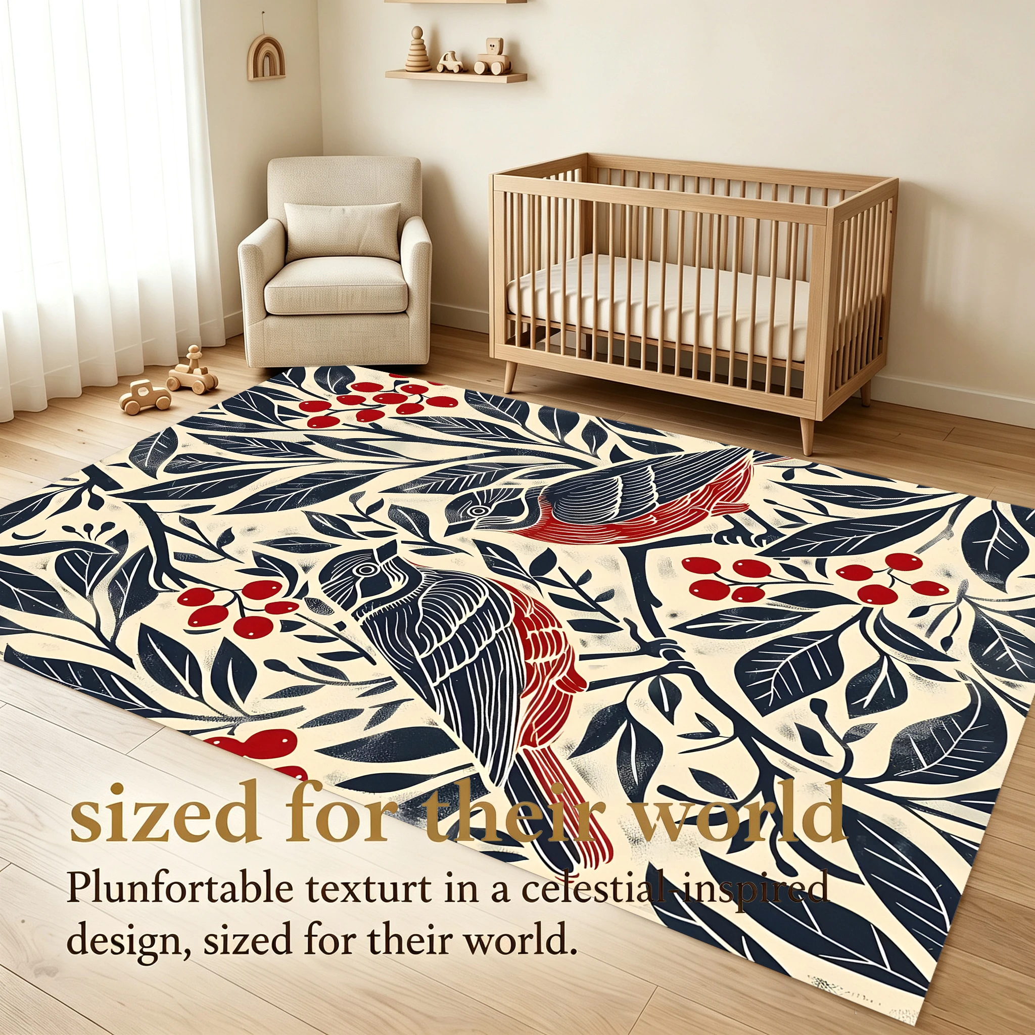 2D Large Carpet Leaf Red Bird Berry Retro Art Style for Living Room Bedroom