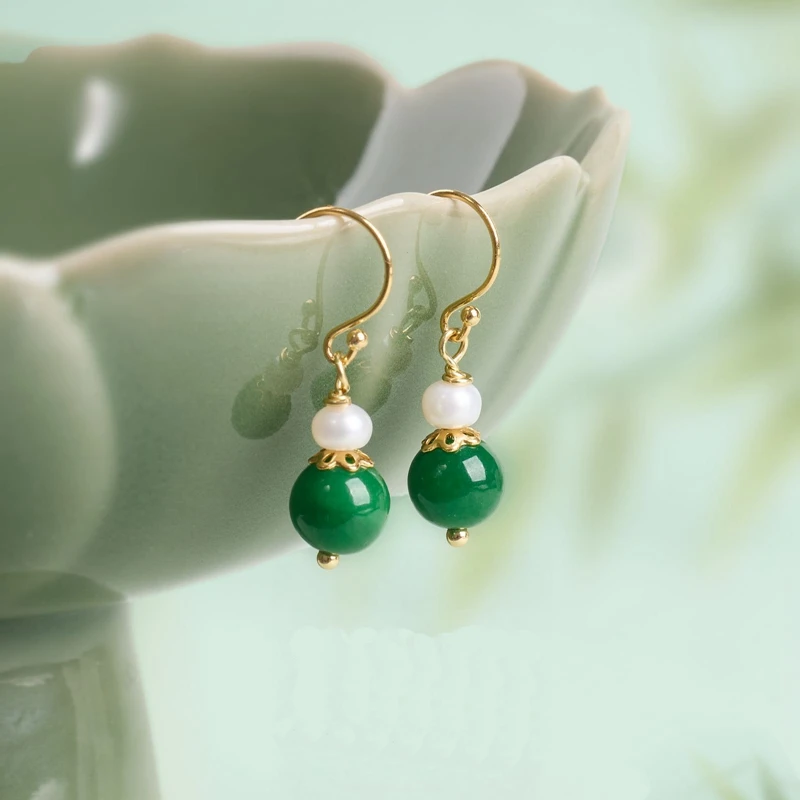 

Ruifan 8mm Natural Jade Drop Earrings 925 Sterling Silver Hook Freshwater Pearl Dangle Earrings for Women Vintage Jewelry 2026