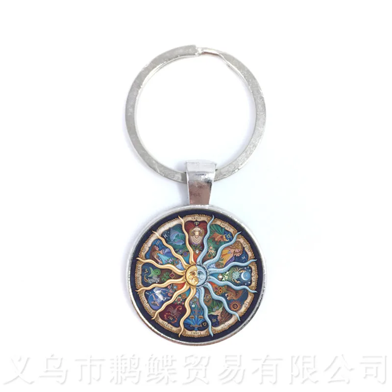 12 Zodiac Signs Keychains Retro Twelve Constellations Cabochon Glass Time Gem Pendant Keyring High Quality Jewelry