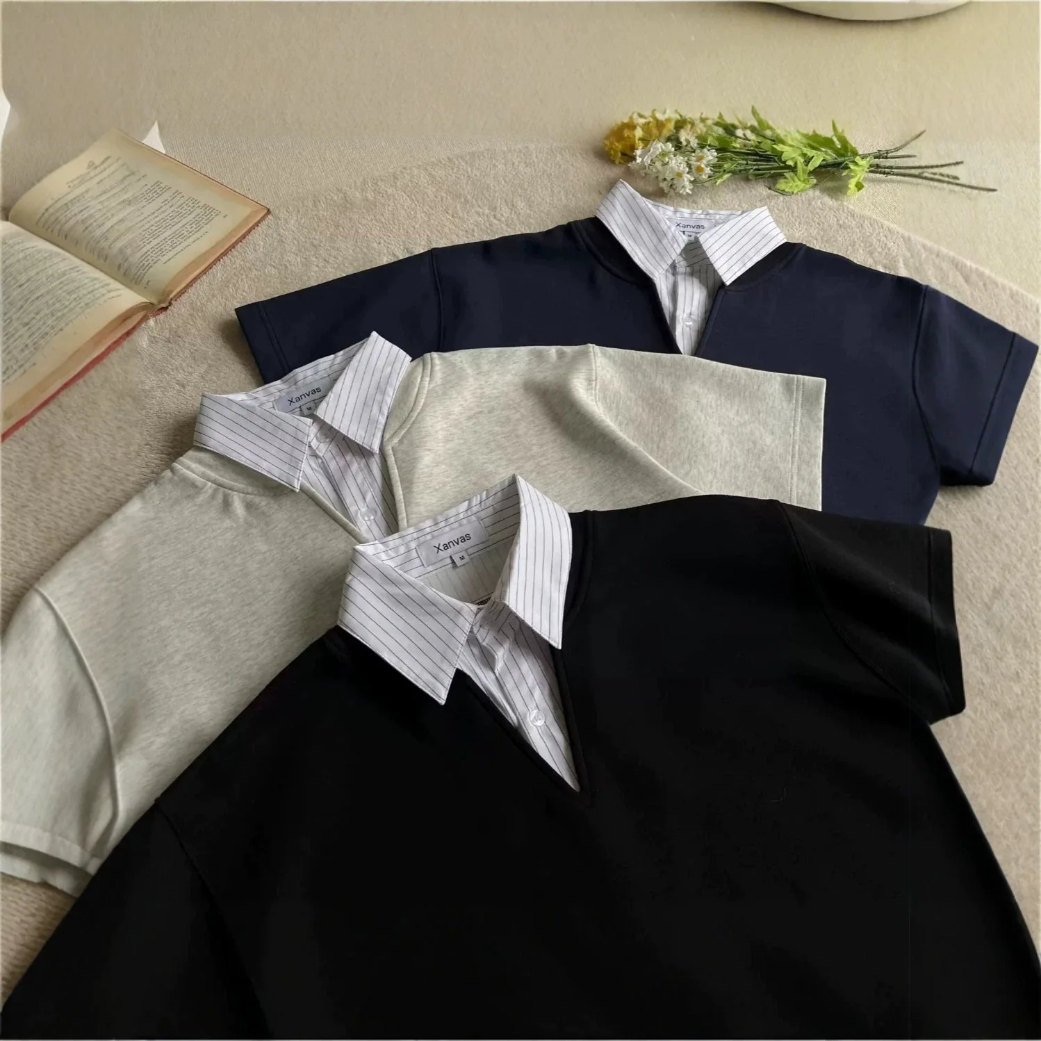 Men's Short Sleeve Polo Shirt Checkered Patchwork Fake Two-Piece Lapel Top Retro College Style Loose Fit Casual Streetwear