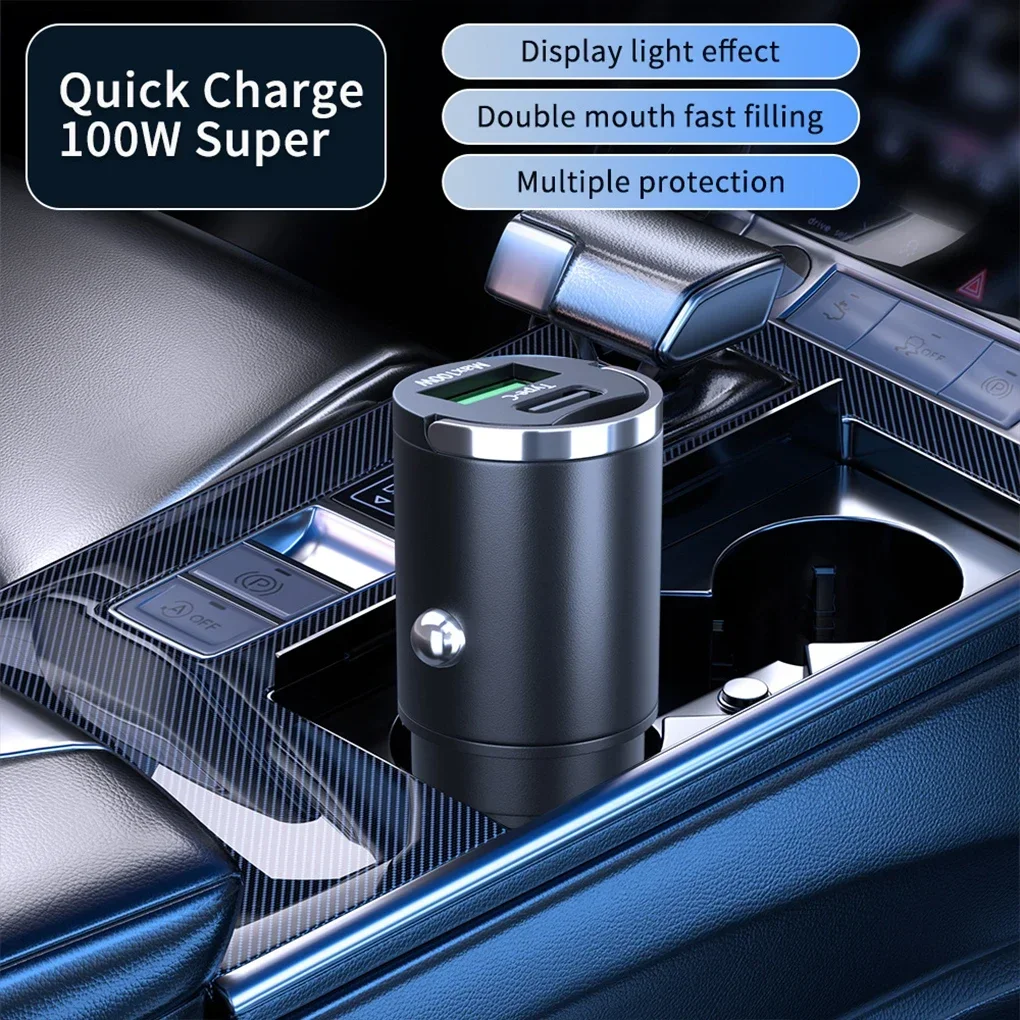 100W Fast Charging Car Charger Hidden Mini Pull Ring Dual Port Car Charger Adapter Easy To Carry And Charge Your Phone