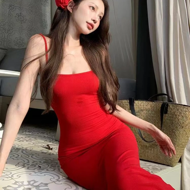Slim Woman Dresses Trumpet Solid Sweet Spicy Solid Simple Chic Soft Korean Style All-match Streetwear Casual Summer Sundress