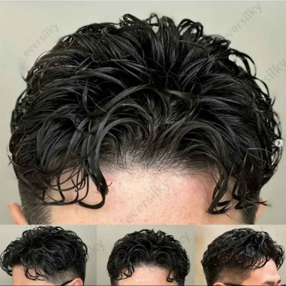 Natürliche Haarlinie Herren-Toupet Dunkelbraunes Echthaar Langlebige Dünne Haut PU-Basis Männliche Perücken Grau Schwarz Haarsystem Prothese – Detail 3