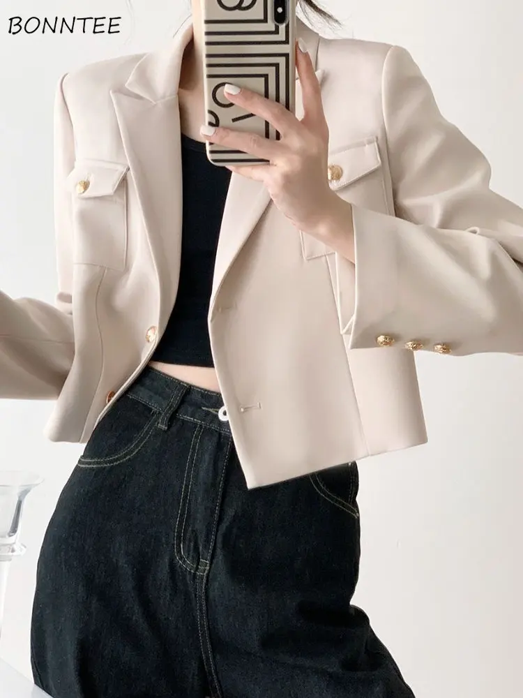 

Blazers Women England Style Basic Solid Temperament Spring Vintage All-match Minimalist Notched Overcoats Loose 2023 New Arrival