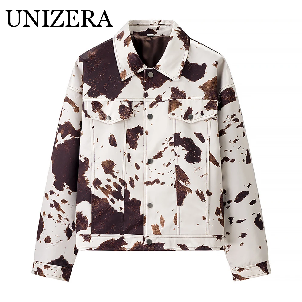 

Autumn and winter new women's clothing French design sense lapel long sleeved printed short jacket jacket