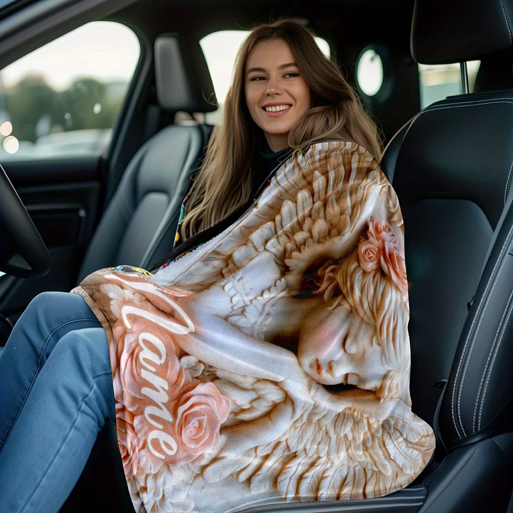 Personalized angel sculpture flannel blanket, soft, lightweight and warm, suitable for travel, camping, living rooms and offices