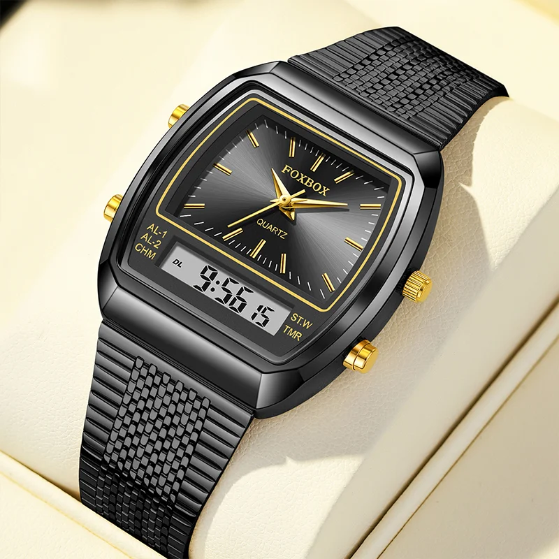 FOXBOX Luxury Digital Quartz Watches For Mens Women Fashion Casual Dual Display Time Sports Week 3Bar Waterproof Wristwatches