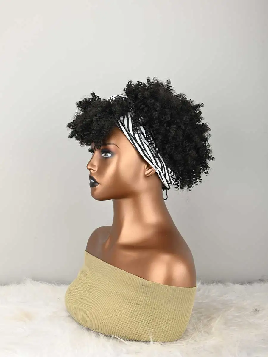 Headband Wig Curly Headband Wig With Bangs For Women Synthetic Afro Curly Hair Wig With Headband Attached Wigs