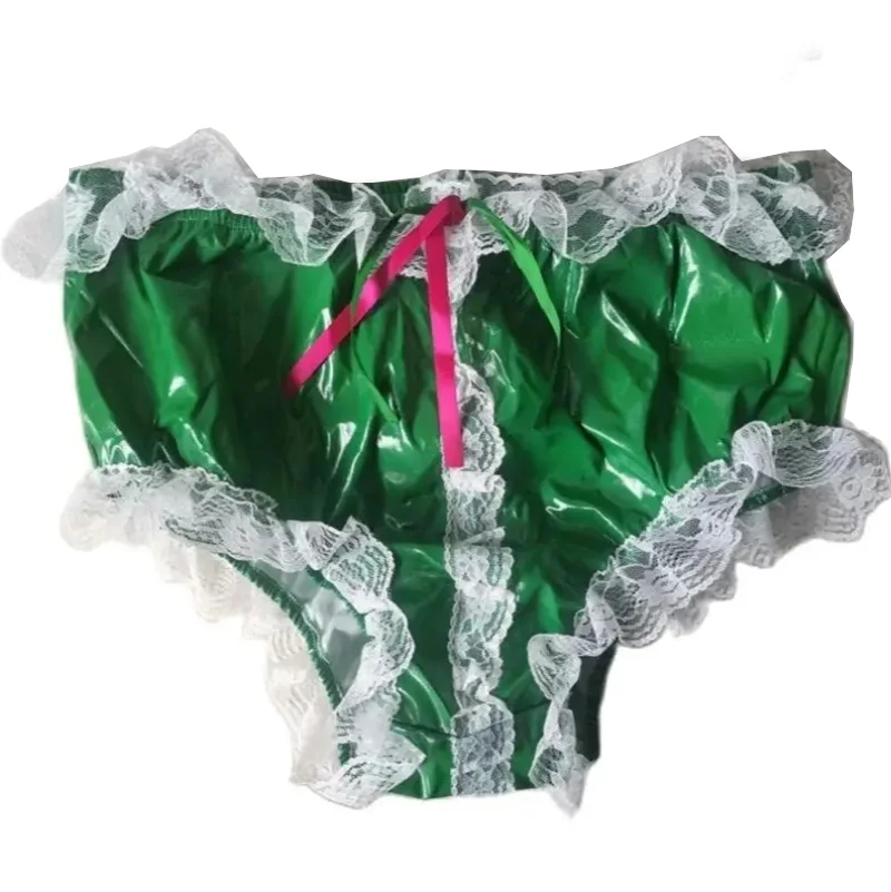 

French Sexy Adult Customized Fetishist Crossdressing Sissy Green PVC Panel Lace Comfortable Girls' Triangle Shorts