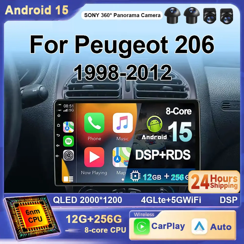 

Автомобильный радиоприемник Android 15, для Peugeot 206 206CC SW 1998-2012, беспроводной QLED WIFI 4G, навигация, автомобильное воспроизведение, Android Auto