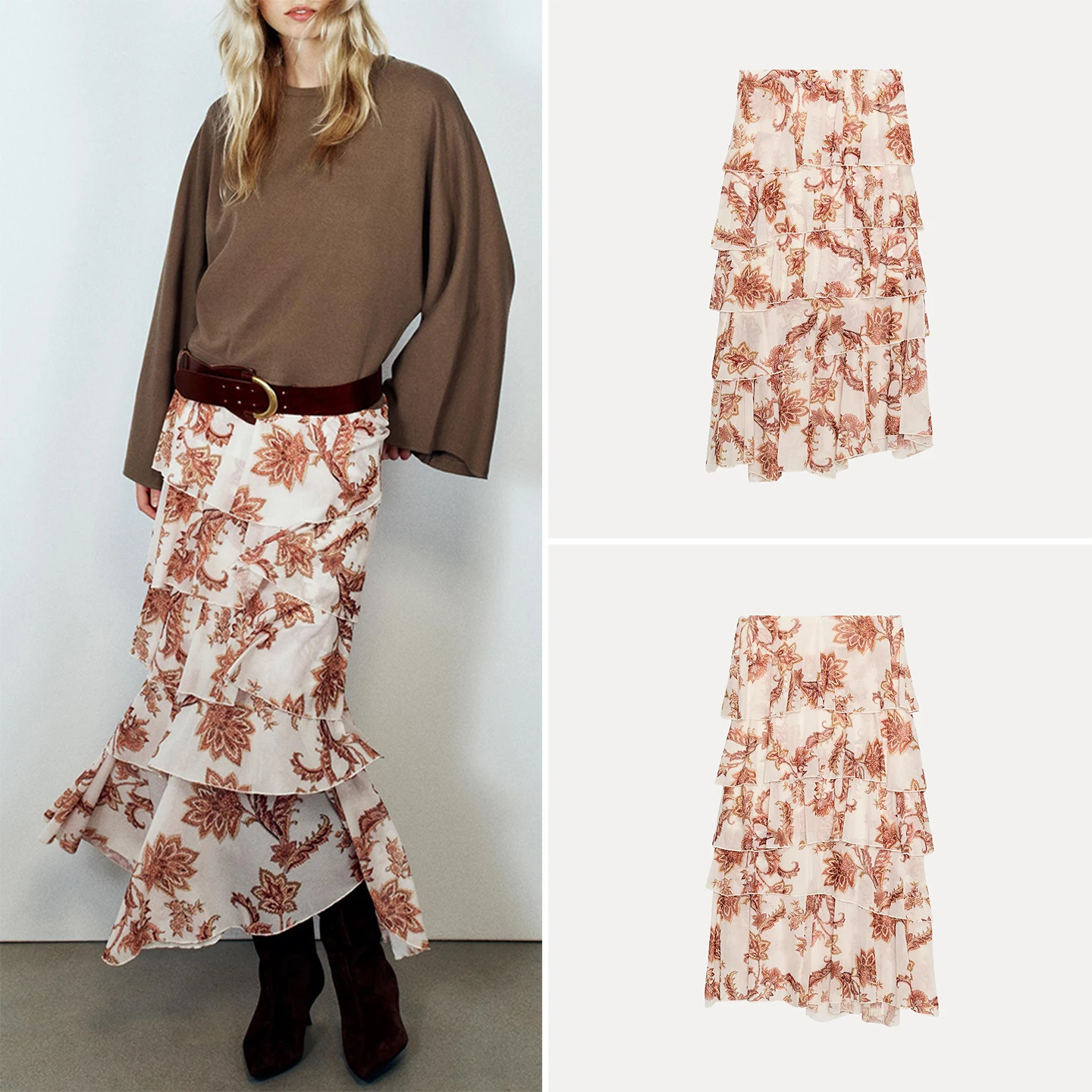 Printed Asymmetric Layered Decorations Midi Skirt Women's Fashion Autumn 2026 Standard Waist Design Other Material Other Process