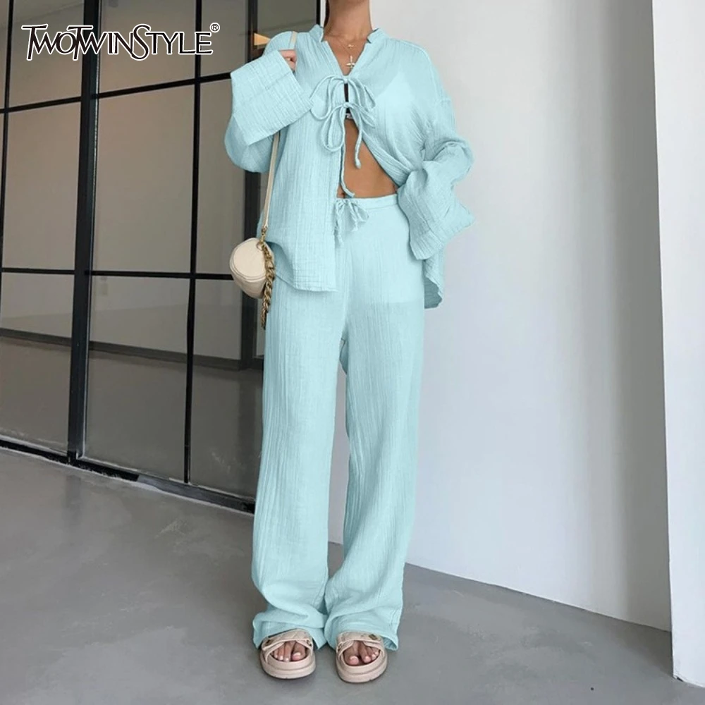 

TWOTWINSTYLE Casual Two Piece Seta for Women Lapel Long Sleeve Patchwork Lace Up Cardigan Top Loose Trousers Fashion Suit Female