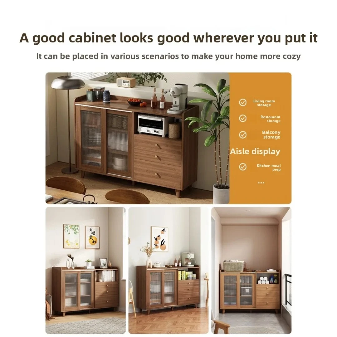 Modern wooden tableware cabinet translucent acrylic door solid wood legs three-layer storage kitchen dining room furniture