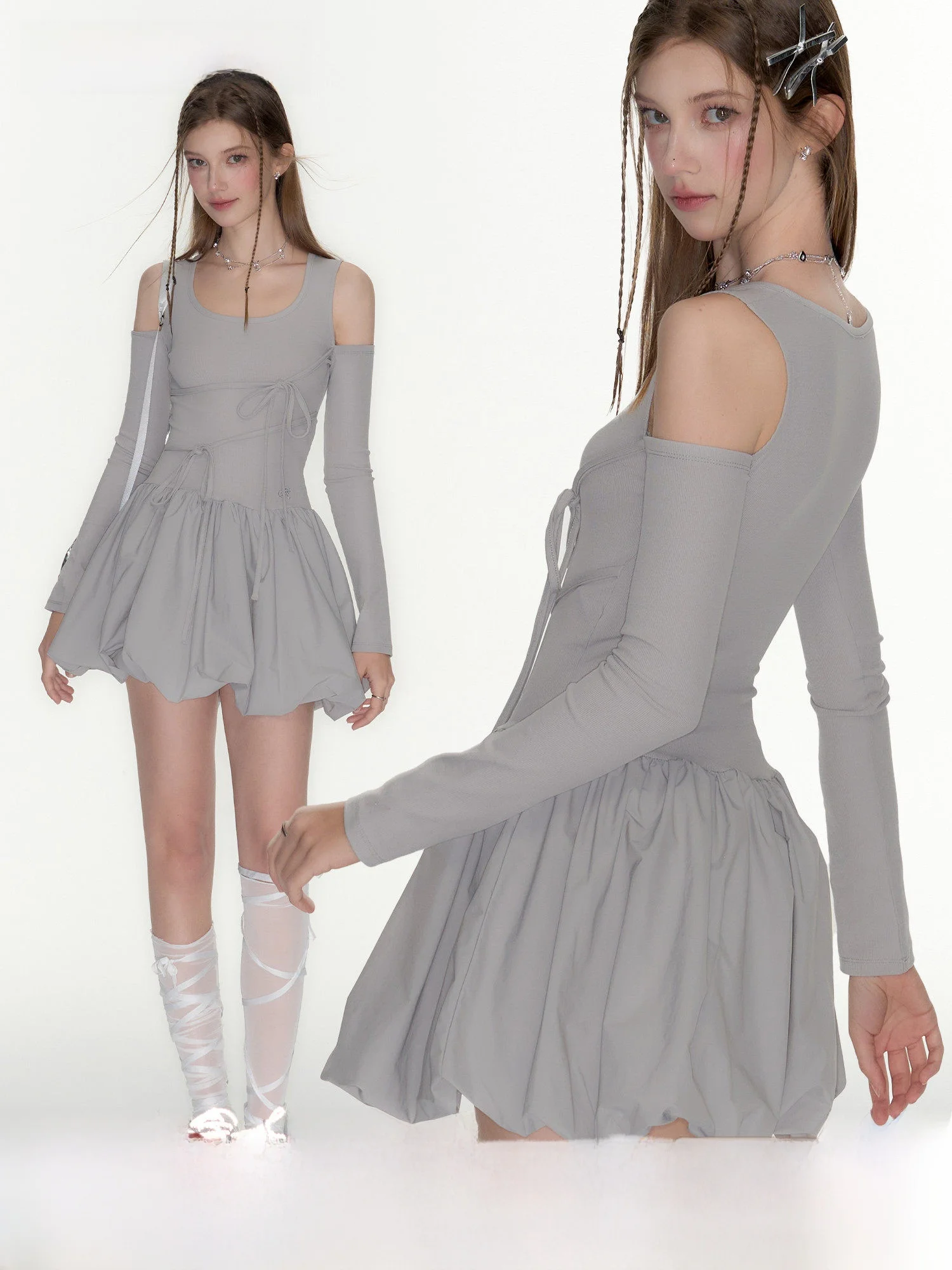 Grey Bow Tie Long Sleeve Bloom Dress Women's Summer Pure Desire Ballet Shoulder Exposure Short Skirt Elegant Cotton Blend