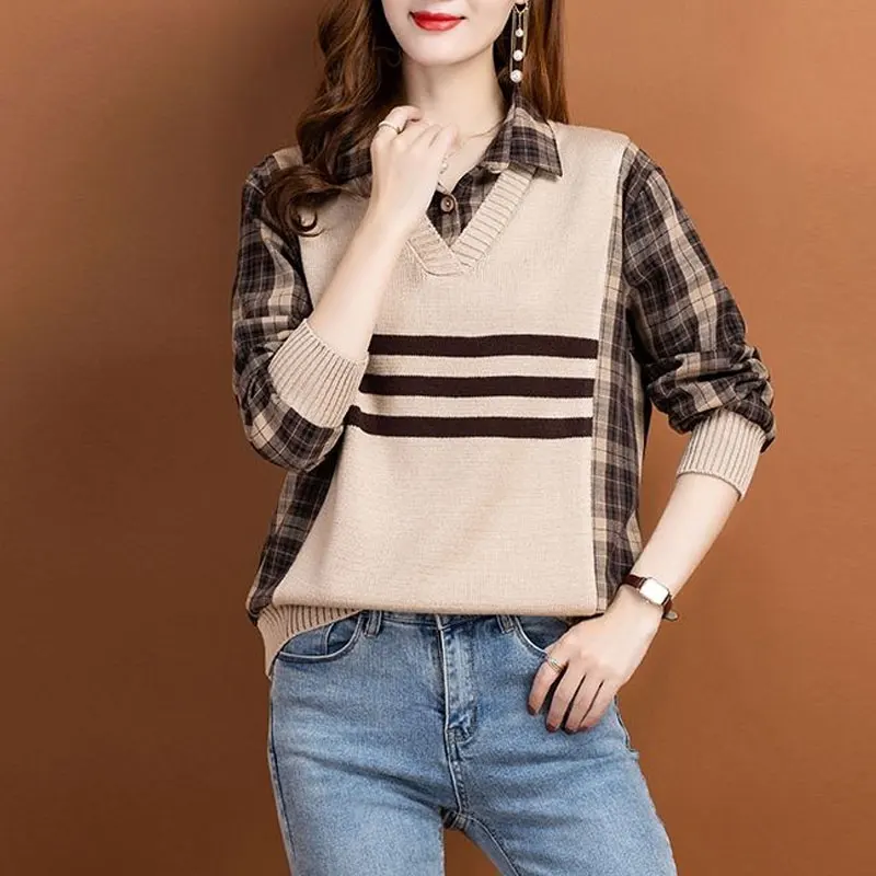 

England Plaid Blouse Autumn Winter Fake Two Pieces Knitted Patchwork Women's Clothing Loose Commute Polo-Neck Long Sleeve Shirt