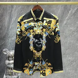 2023 High Quality Streetwear Korean Men Black Gold Baroque Print Flower Shirt Men Slim Fit Dress Shirt Social Camisa Masculina