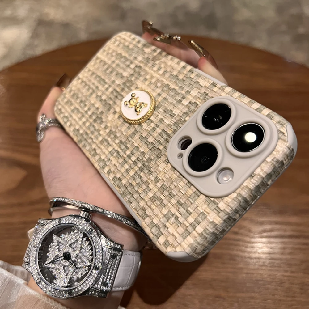 Fashion style beige woven teddy bear suitable for iPhone 15 phone case 14 pro max 13 silicone 12 anti drop 11 full packag pretty