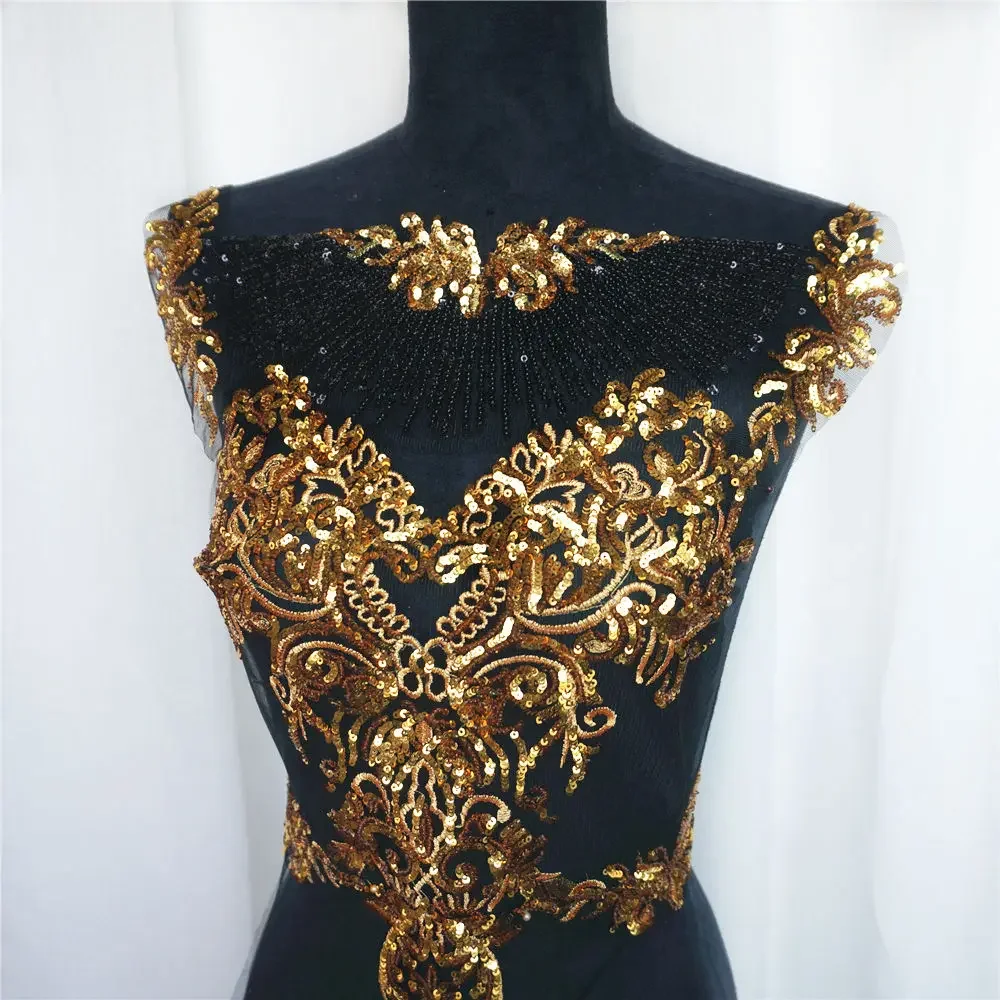 1 Set Black Tulle Gold Sequin Embroidery Lace Fabric Tassel Royal Noble Wedding Gown Applique Patch Collar Dress DIY