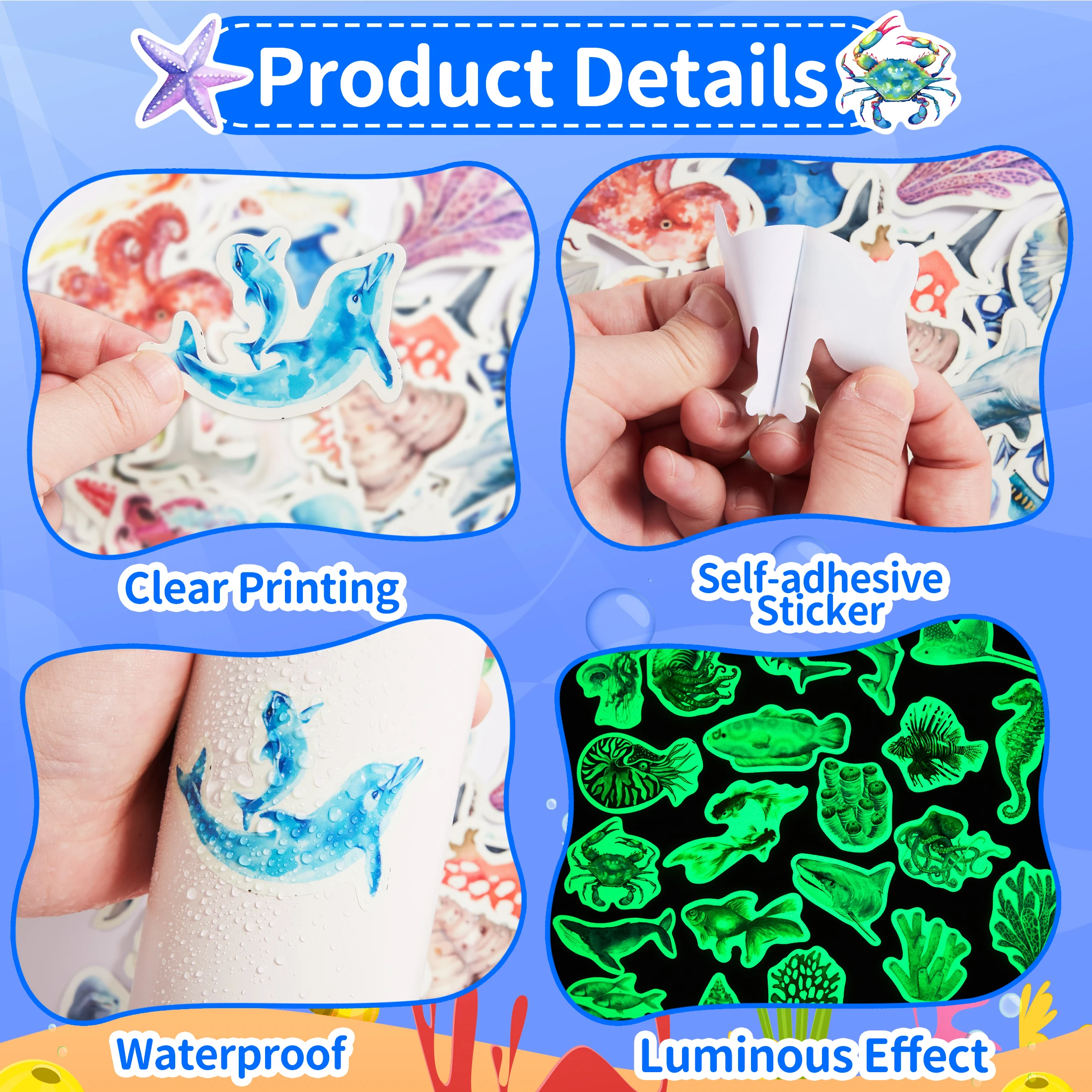 51 Pcs Sea Animals Water Bottle Stickers for Kids,Glow in The Dark Cute Ocean Creatures Laptop Decals, Vinyl Waterproof Adults