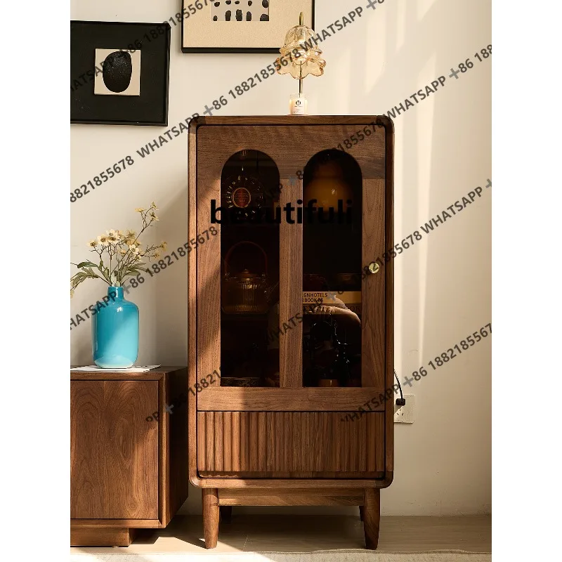 Household living room three-dimensional side cabinet storage, simple glass display solid wood locker