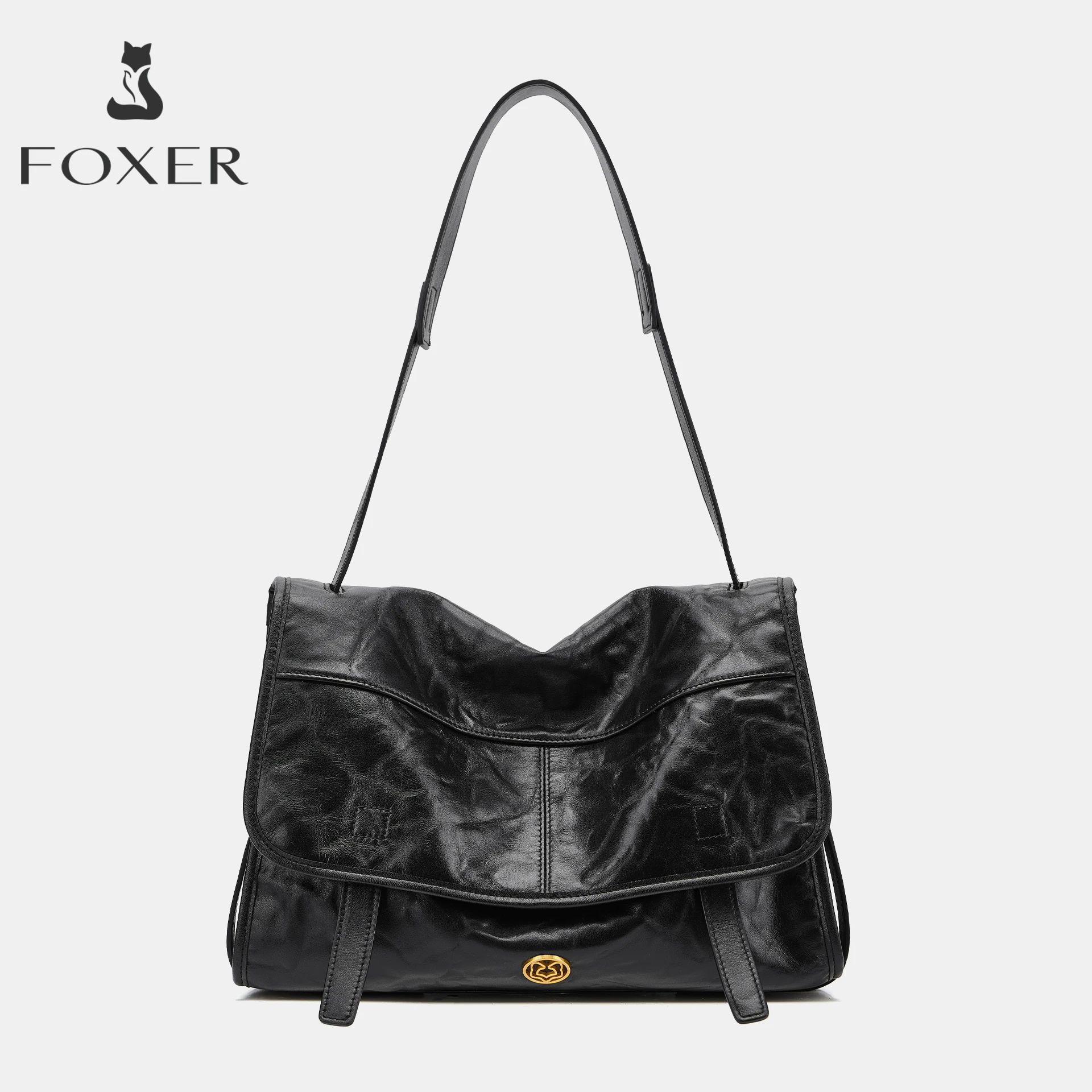 FOXER Wrinkled Genuine Leather Women's Crossbody Bag Vintage Flap Shoulder Bag Large Capacity Commuter Messenger Bag Purse