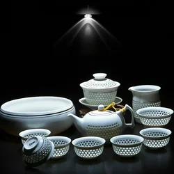 11PCS Hollow Honeycomb Kung Fu Tea Set Blue and White Porcelain Drinkware Ceramic Glass Teacup Teapot Gaiwan Strainer Fair Cup