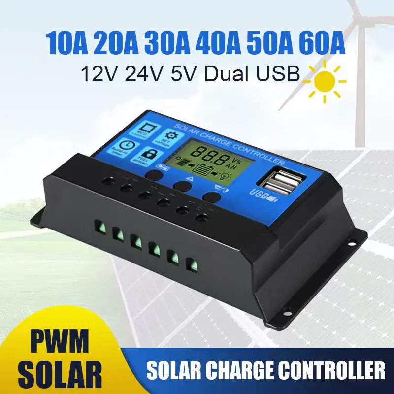 Controlador de carga Solar 12A 20A 30A 40A 50A 60A con carga/USB Dual/LCD 12V 24V regulador de cargador de Panel Solar automático